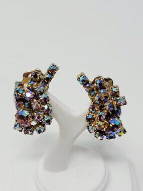 Continental Aurora Borealis Rhinestone Clip On Earrings Gold Tone Vintage Glam